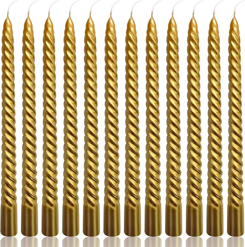Peytanger 10 Inch Gold Spiral Taper Candles Set for Christmas, 12 Pack Unscented Twisted Candlesticks, Dripelss Thin Tapered Candles for Holiday Party Decoration - Image 1